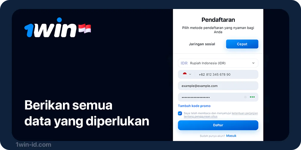 Isi Formulir Pendaftaran 1Win untuk mulai bermain Lucky Jet