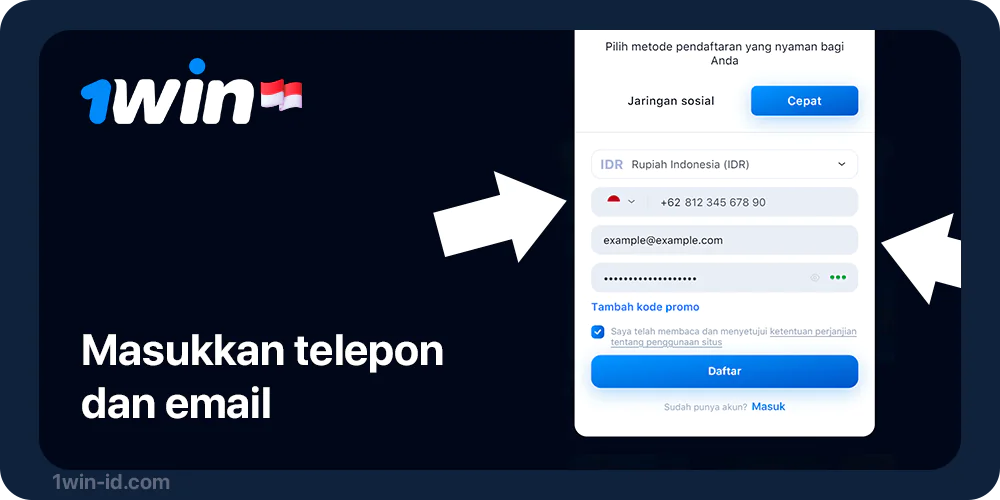 Isi email dan telepon - Pendaftaran 1Win