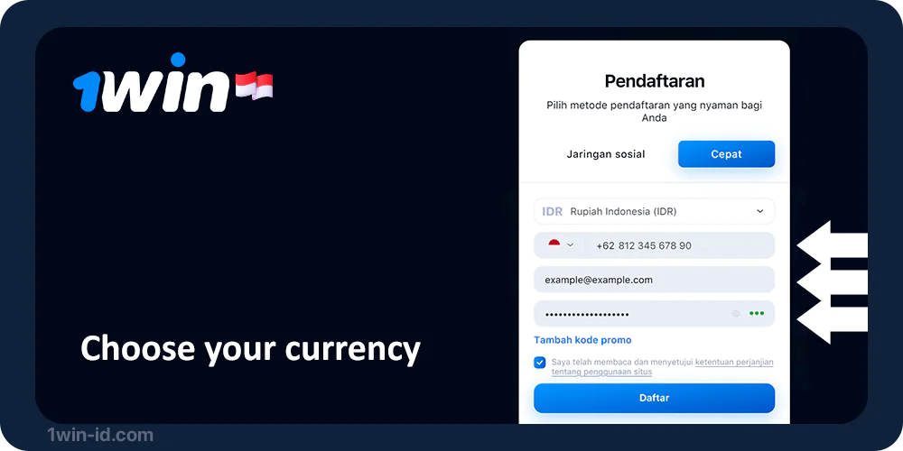 Fill in password, email, phone number, select currency - 1Win Indonesia