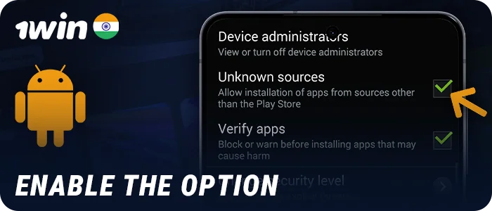 Allow the installation of applications in the Android settings for 1Win