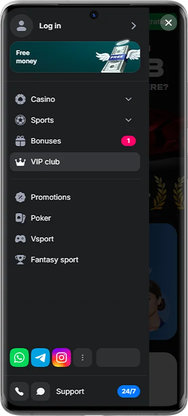 Menu screen in the 1Win app