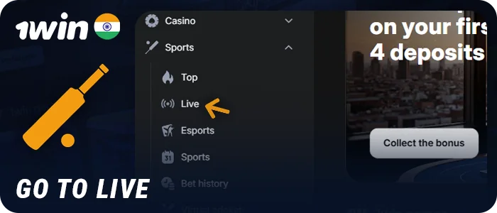 Open the live betting section on the 1Win India website