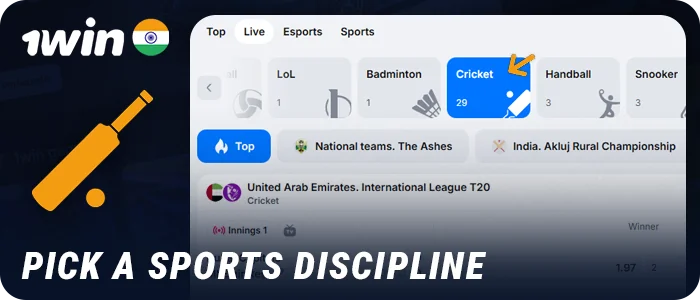 Select a sport for live betting at 1Win bookmaker