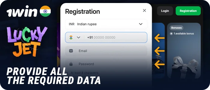 Enter your details to register a 1Win account to play Lucky Jet
